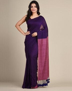 women hand woven saree with tassels & unstitched blouse piece