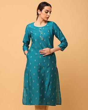 women handloom straight kurta with insert pocket