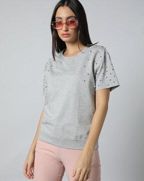 women heathered crew-neck sweatshirt with pearl embellishment