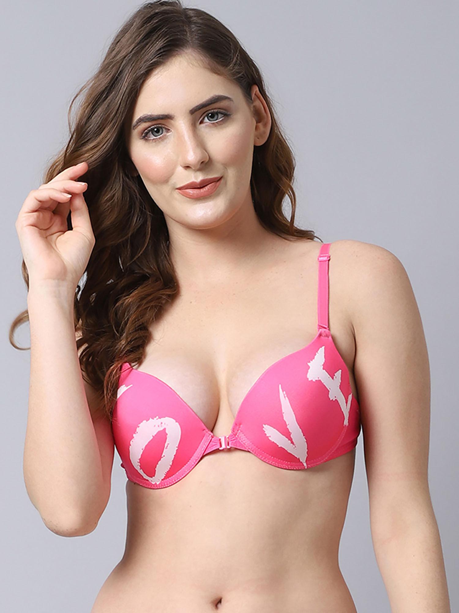 women heavily padded front open push-up bra - pink