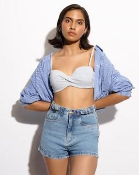 women heavily washed denim shorts