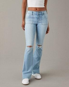 women heavily washed distressed bootcut jeans