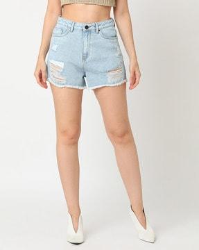 women heavily washed distressed denim shorts