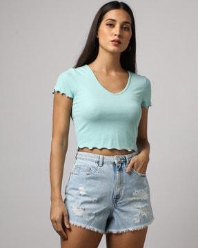 women heavily washed distressed shorts