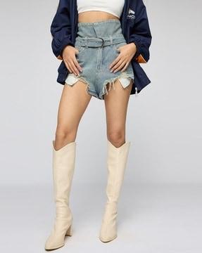 women heavily washed distressed shorts