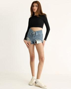 women heavily washed distressed shorts