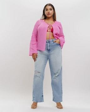 women heavily washed distressed straight fit jeans