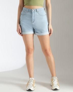 women heavily washed high-rise denim shorts