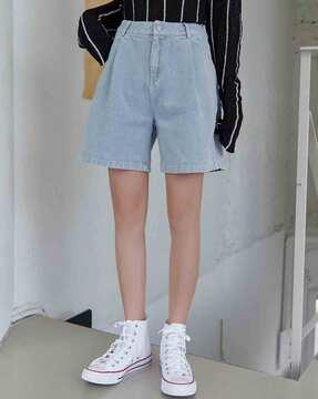 women heavily washed high-rise denim shorts