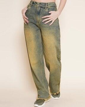 women heavily washed high-rise straight fit jeans
