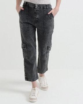 women heavily washed straight fit jeans