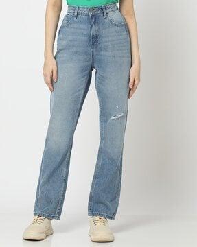 women heavily washed straight fit jeans