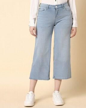 women heavily washed straight fit jeans