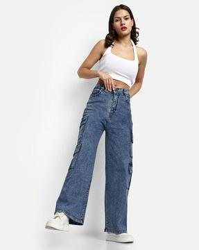 women heavily washed wide-leg jeans