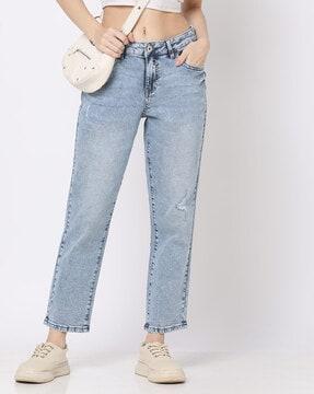 women heavy-wash straight fit distressed jeans