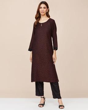 women herringbone print straight kurta