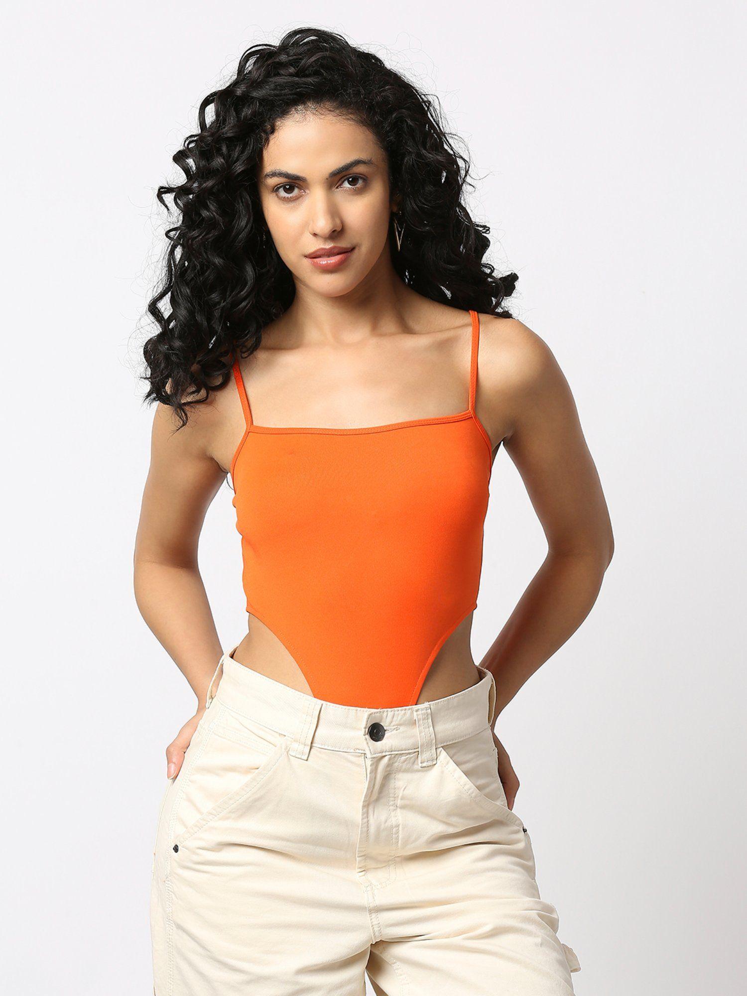 women high-cut strappy solid orange bodysuit