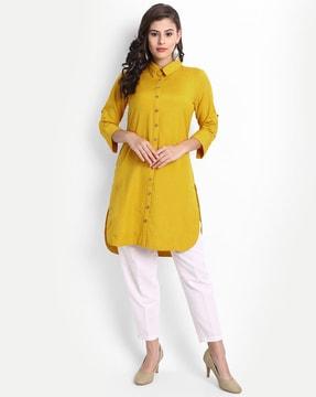 women high-low straight kurta with insert pocket