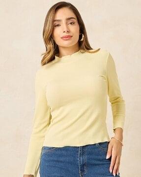 women high neck & sleeve with lettuce edge rib top