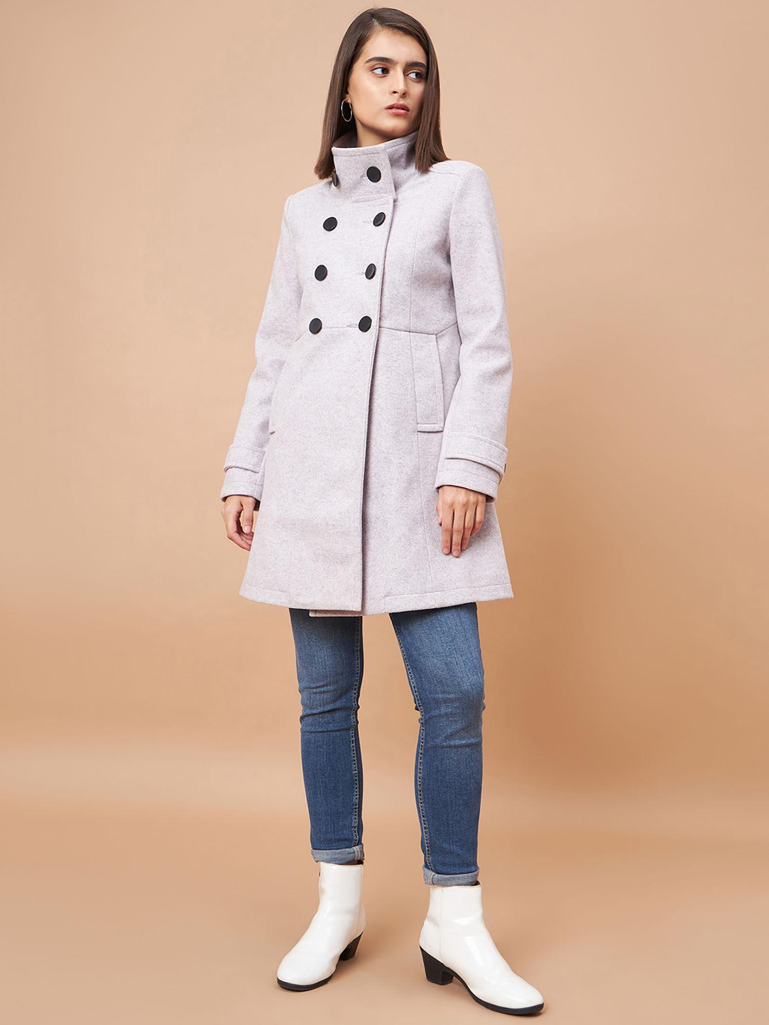 women high neck full sleeves blended fabric lavender coat