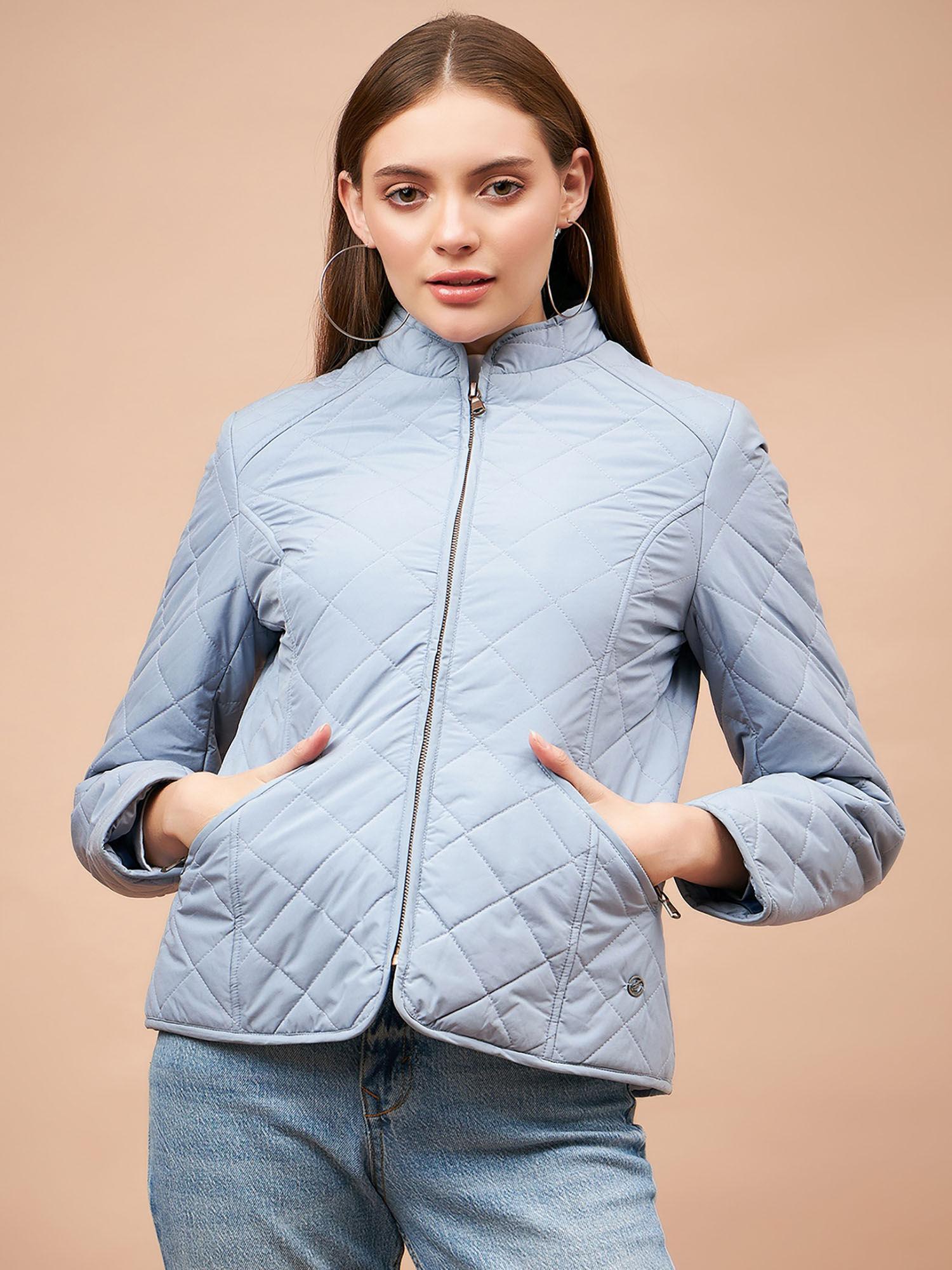 women high neck full sleeves polyester fabric blue jacket