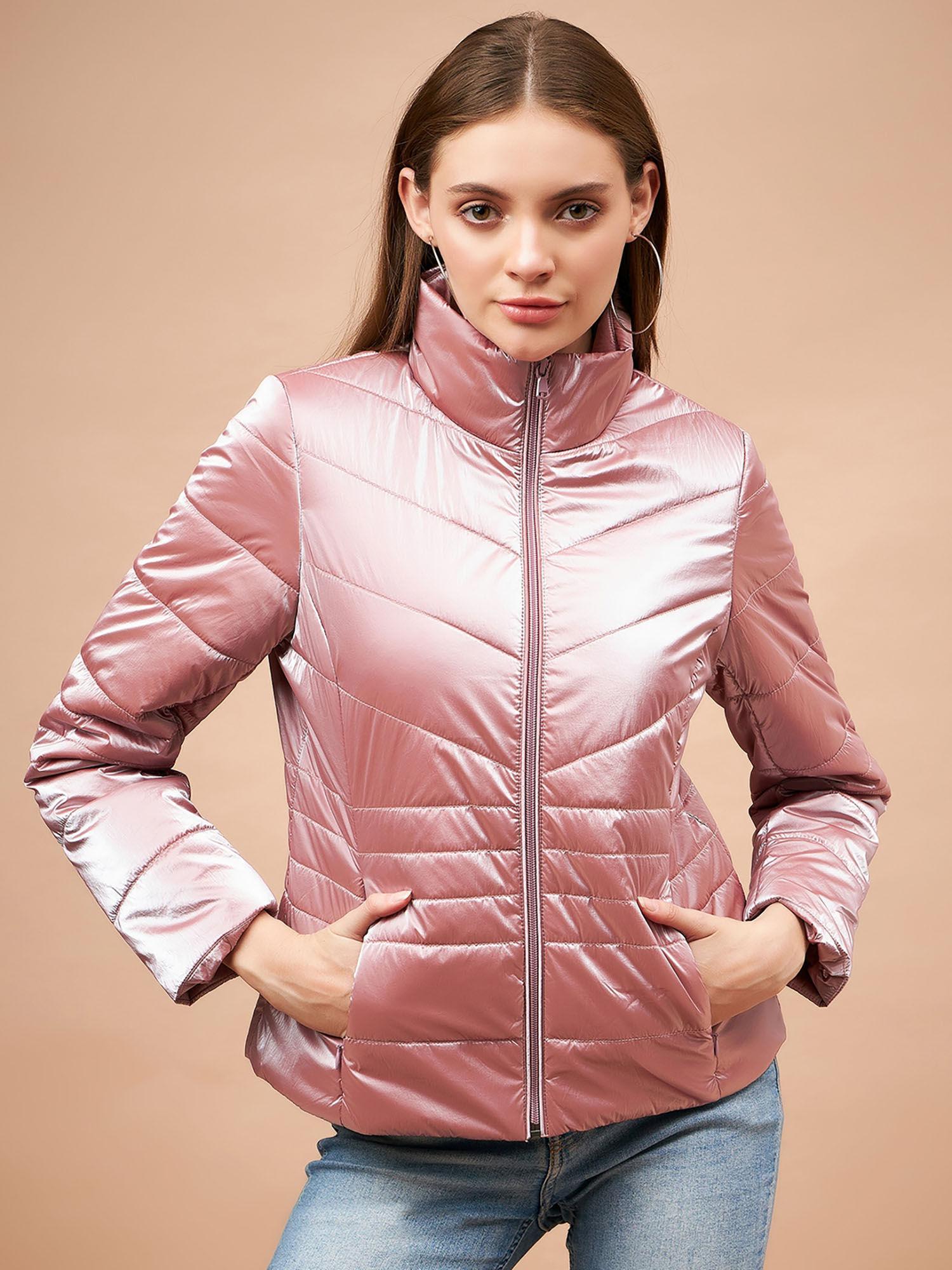 women high neck full sleeves polyester fabric pink jacket