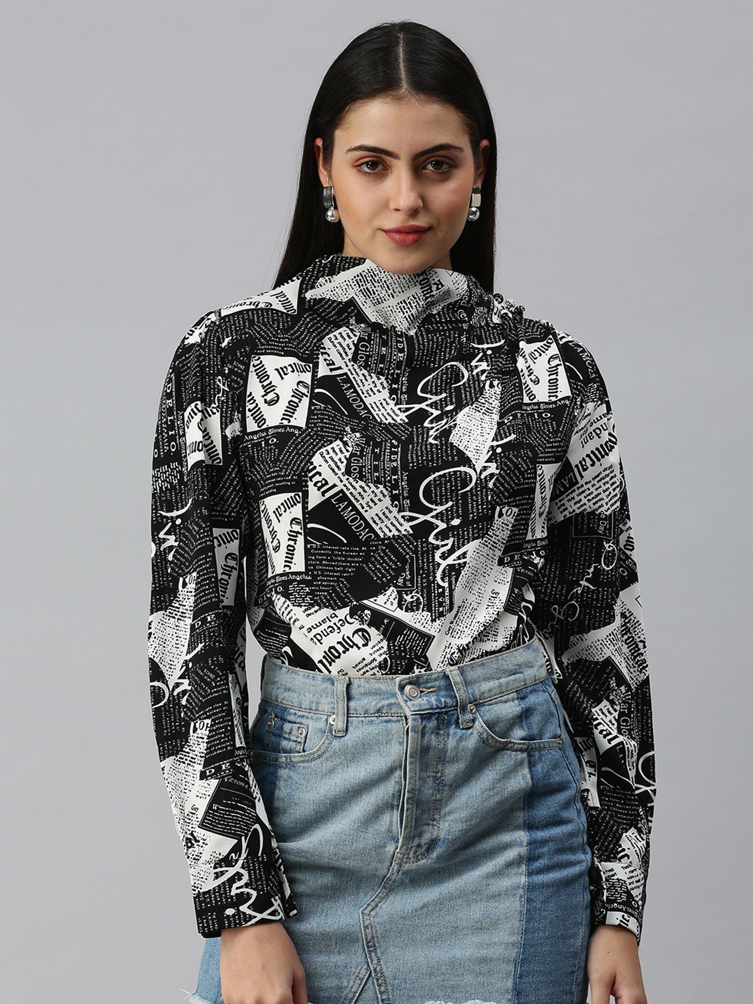 women high neck full sleeves printed black top