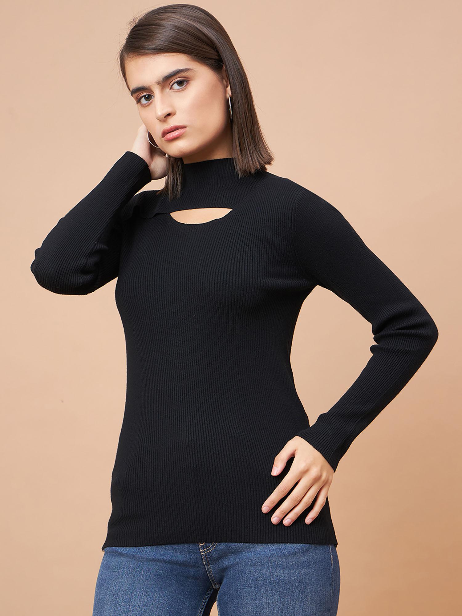 women high neck full sleeves wool fabric black sweater