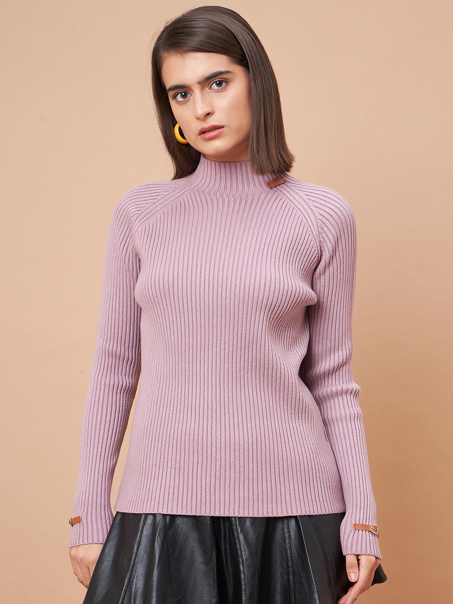 women high neck full sleeves wool fabric lavender sweater