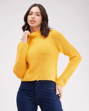 women high-neck pullover with ribbed hem