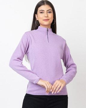 women high-neck pullover with ribbed hems