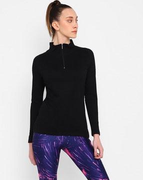 women high-neck relaxed fit t-shirt with half-zip closure