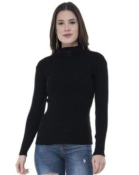women high-neck ribbed pullover