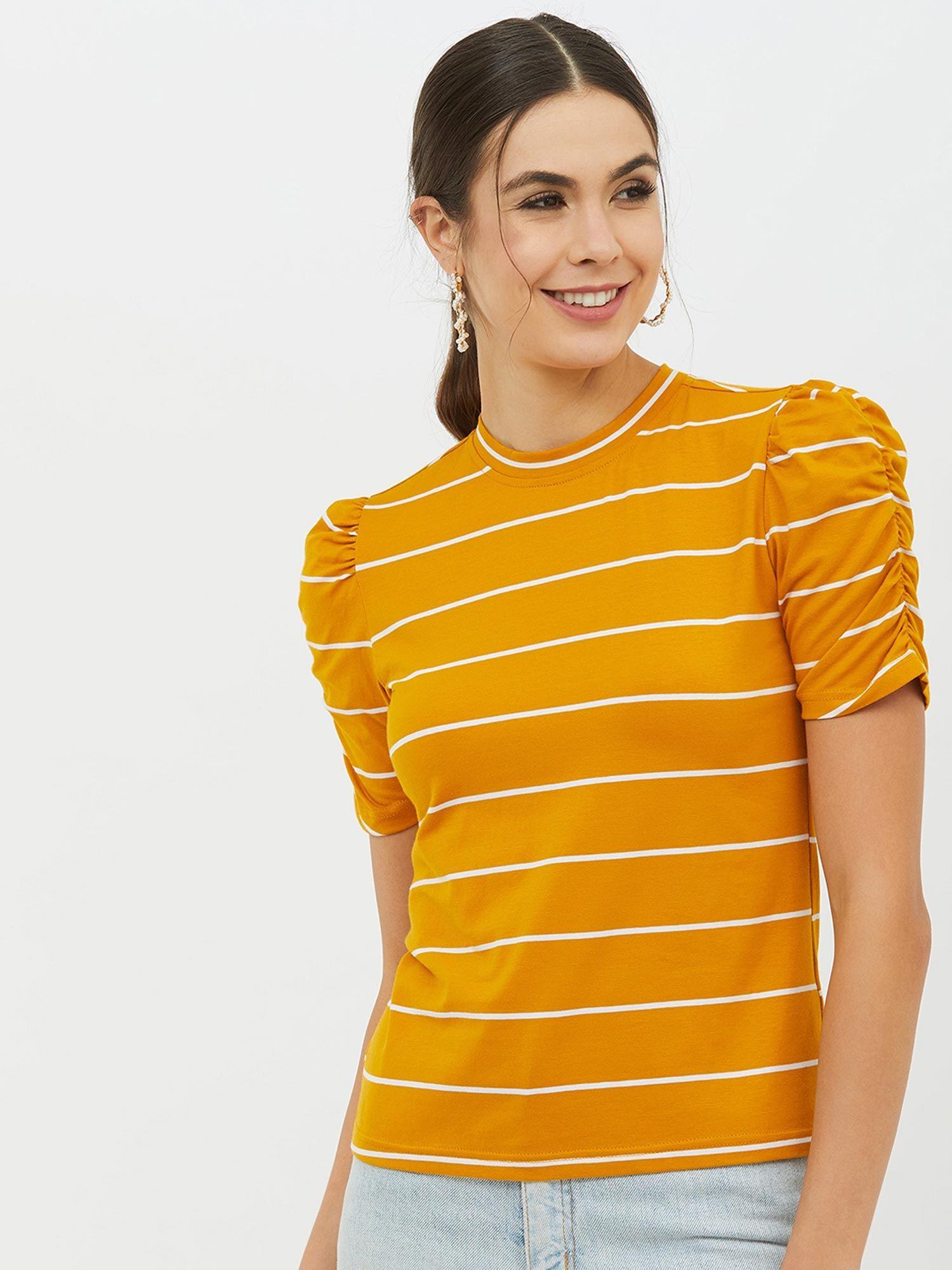 women high neck short sleeves striped t-shirt