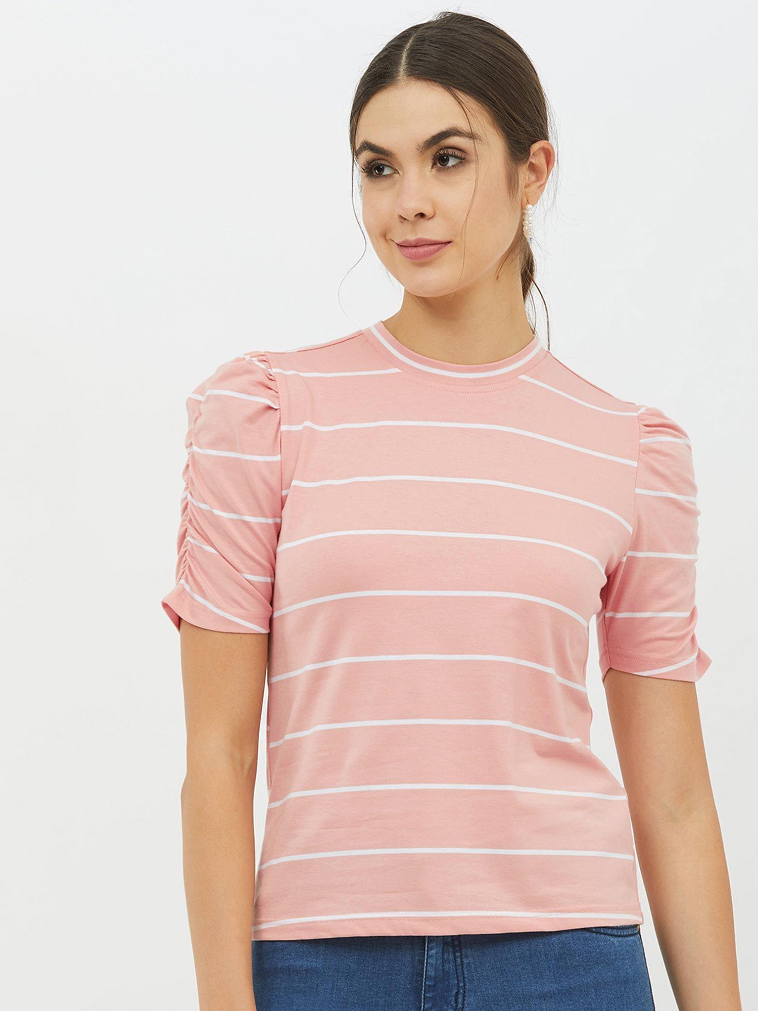 women high neck short sleeves striped t-shirt