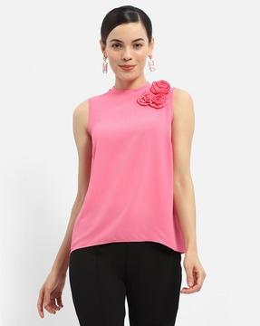 women high-neck top with floral applique