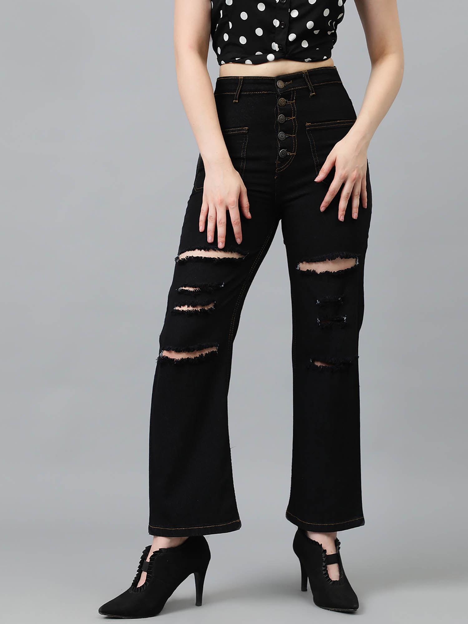 women high rise cotton lycra distressed jeans