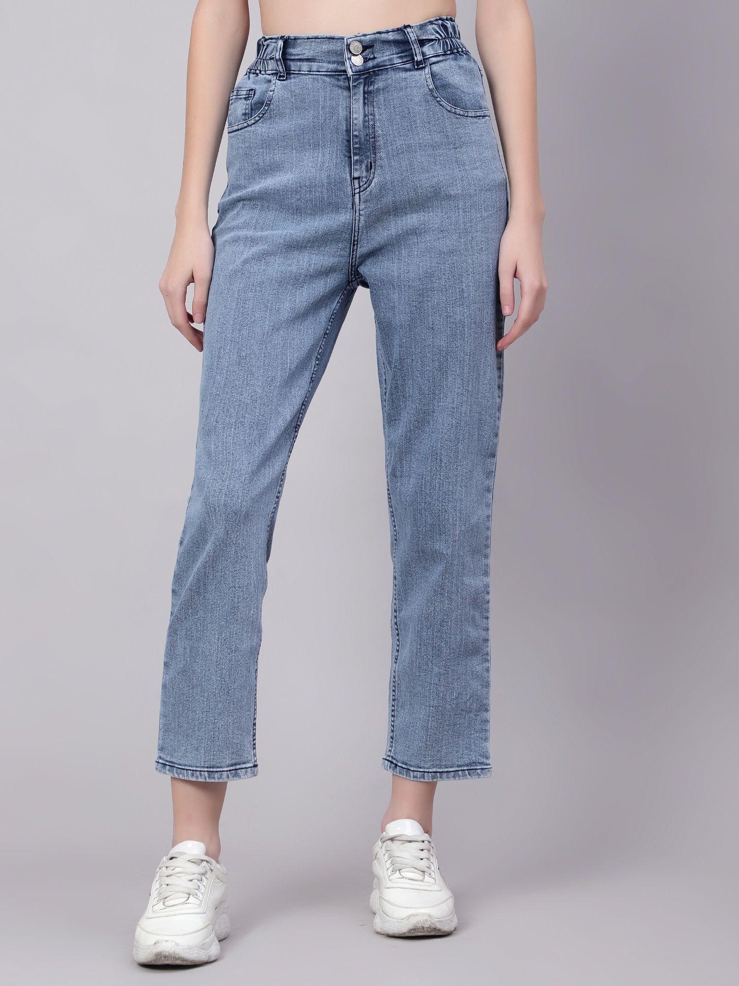 women high rise cotton lycra regular fit solid jeans sky blue