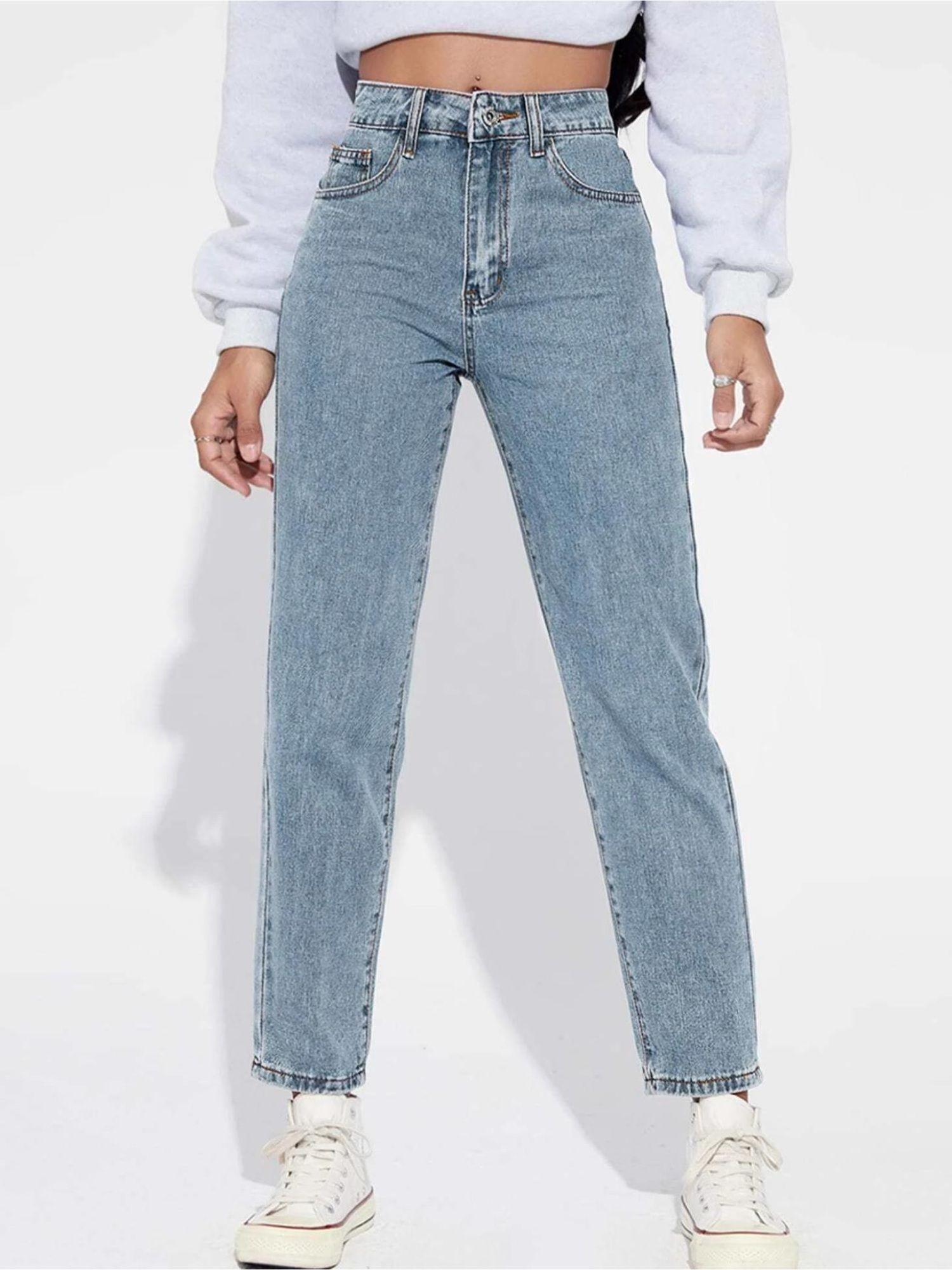 women high rise cotton lycra slim fit blue solid jeans