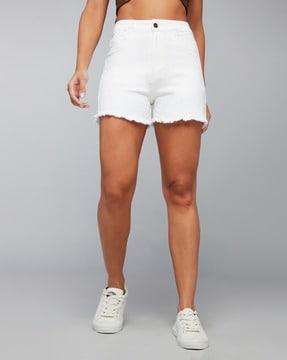 women high-rise denim shorts with fringed hem