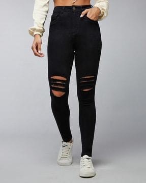 women high-rise distressed slim fit jeans