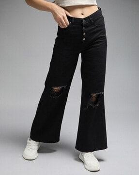 women high-rise distressed wide jeans