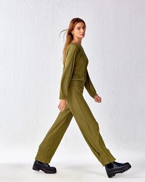 women high-rise flat-front wide-leg trousers