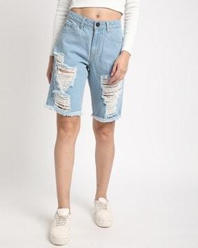 women high-rise heavily-distressed denim shorts