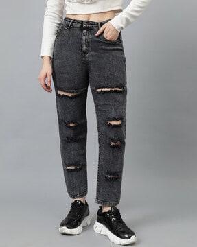 women high-rise heavy-distressed straight fit jeans