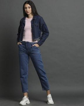 women high-rise light-wash straight fit jeans