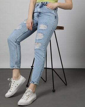 women high-rise mid-wash distressed jeans