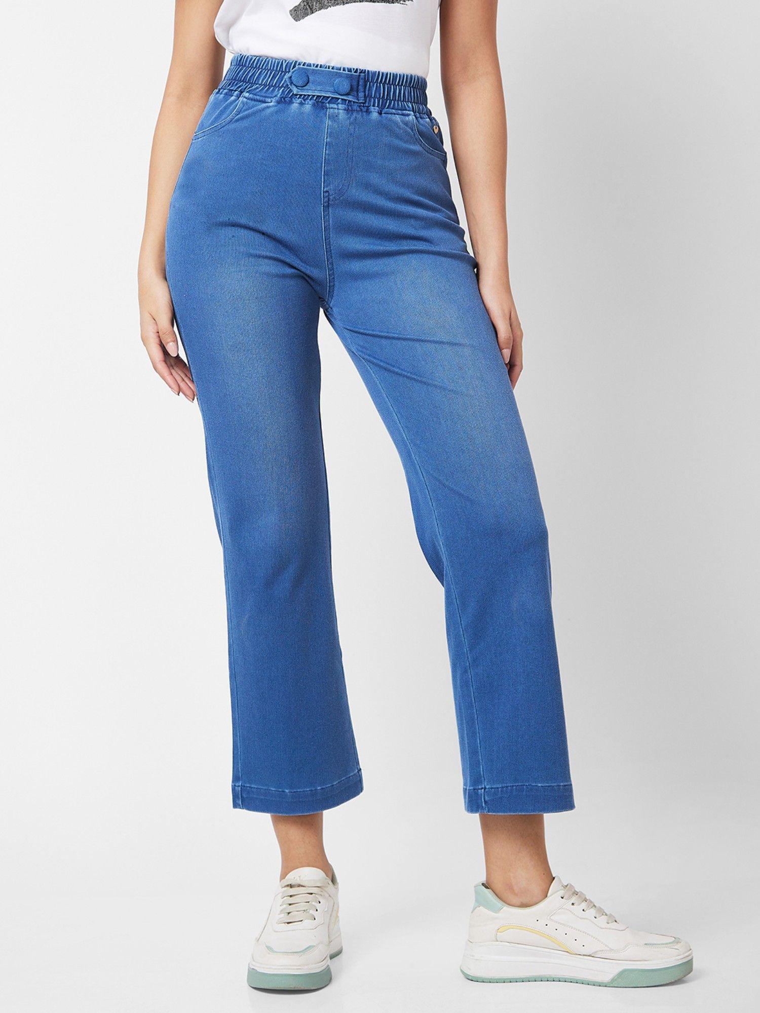 women high rise straight leg blue knits pant