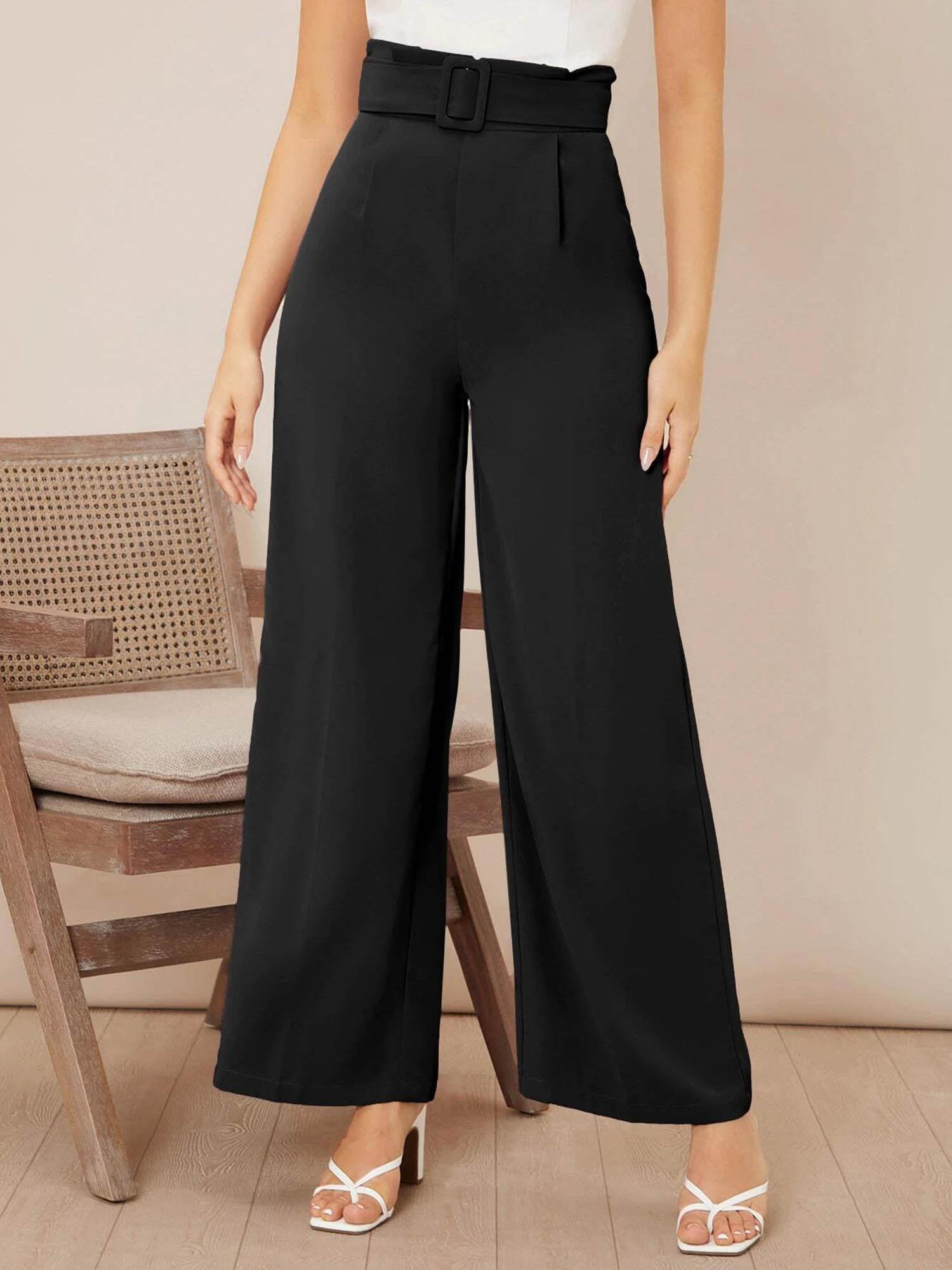 women high rise viscose rayon flared fit solid trousers black (set of 2)