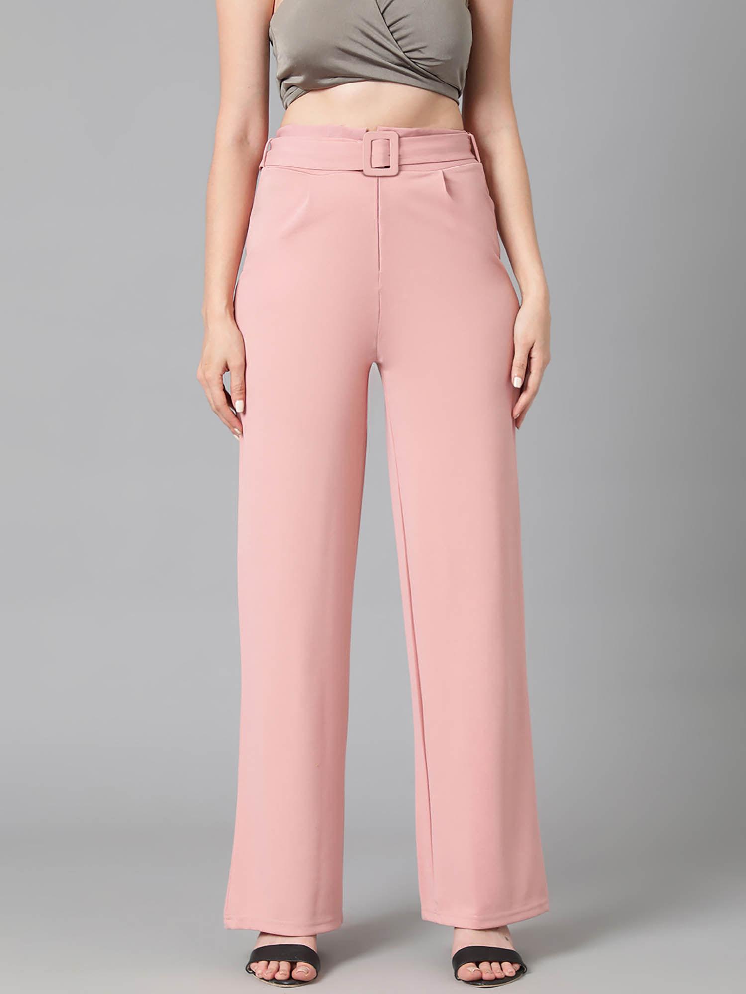 women high rise viscose rayon flared fit solid trousers light pink (set of 2)